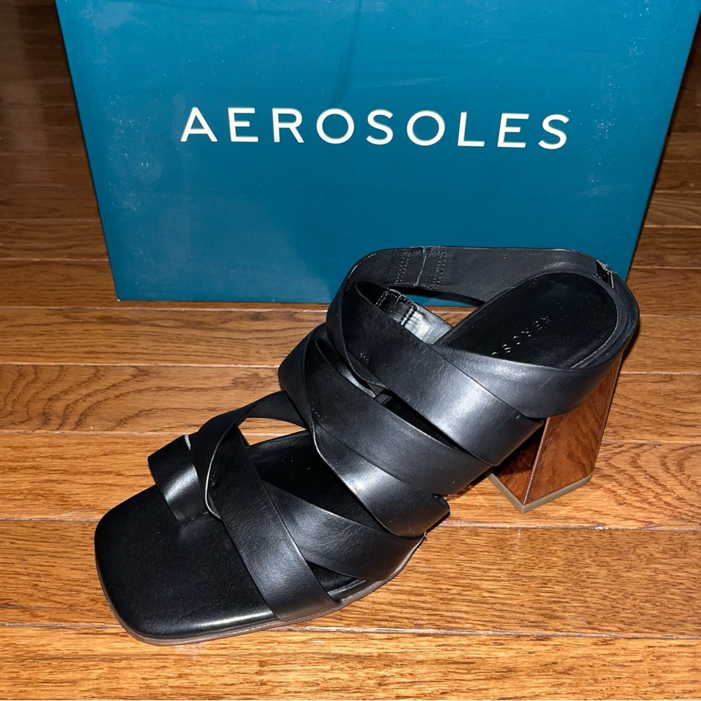 Aerosoles Black Leather Harley Heel Sandals Gladiator Straps Women’s Size 11